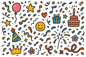 Celebratory Confetti Chaos. Confetti falling. Colorful Hand-drawn doodle Children illustration confetti pieces, party hat, balloon, star, streamer, gift box,