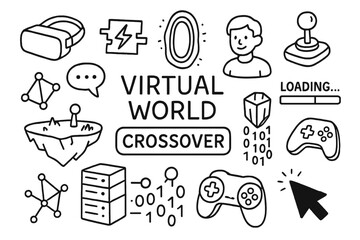 Virtual Reality Iconography. Hand-drawn doodle illustration Virtual world crossover [VR headset, glitch icon, portal, avatar, joystick, chat bubble, loading