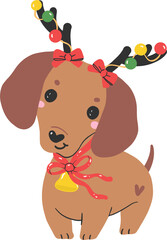 Christmas Dog Dachshund with Reindeer Antlers Illustration Cartoon