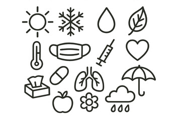 Seasonal Health Doodles. Hand-drawn doodle illustration seasonal patterns and their influence on public health sun, snowflake, raindrop, leaf, thermometer,