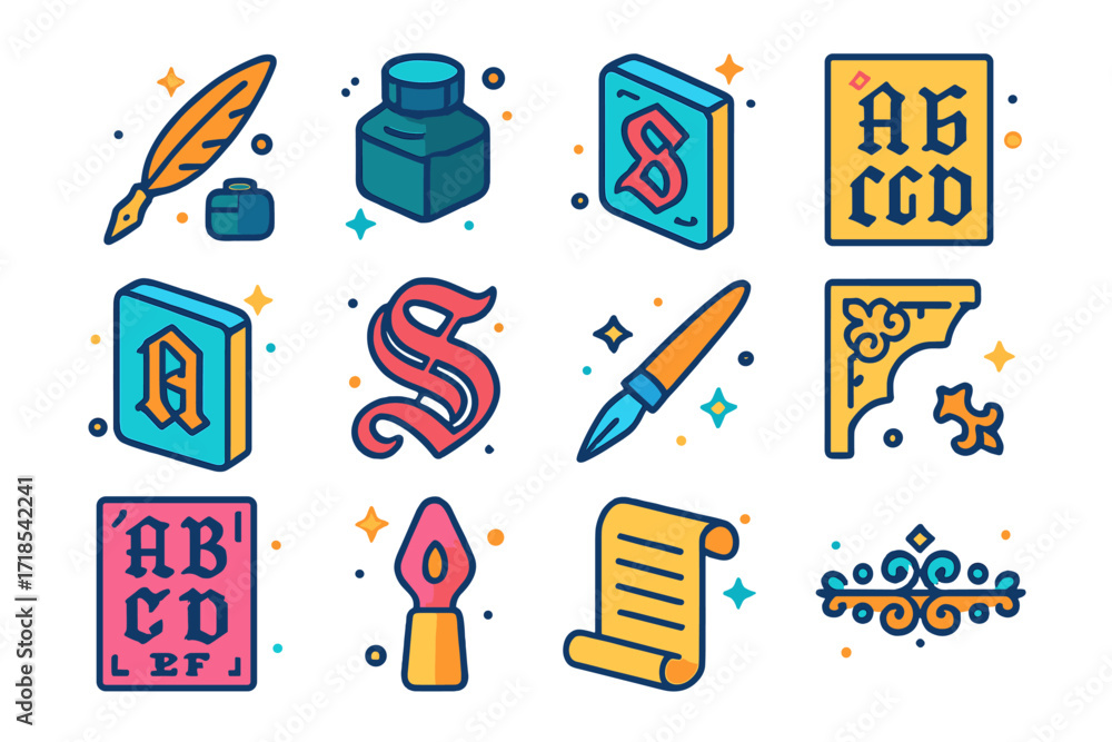 Poster gothic calligraphy icons set. colorful isometric vector icons set of gothic script calligraphy: goth