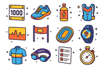 Endurance Training Icons. Endurance Training. Colorful isometric vector icons set of endurance training: marathon bib, running shoes, energy gel, hydration