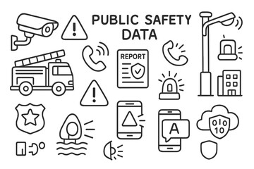 Public Safety Icons. Hand-drawn doodle illustration Public Safety Data CCTV camera, alert icon, emergency phone, smart streetlamp, fire truck,