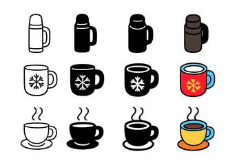 Seasonal Drink Icons. Icon Set of Seasonal Drinks: Thermos, Festive mug, Steaming cup. Icons set in vector style, emblematic variations. Thermos line, Thermos