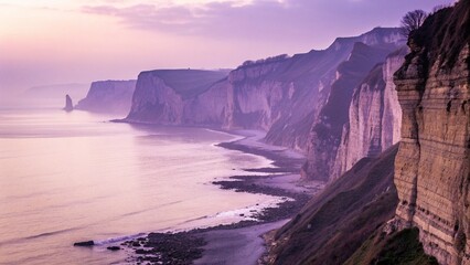 Serene Coastal Cliffs and a Rocky Shore at Twilight
Majestic Seascape with Violet-Tinged Cliffs at Sunset
Dreamy View of Cliffside at Dusk with Mist on the Water