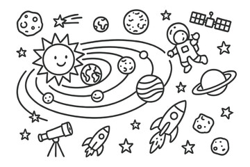 Naklejka premium Solar System Doodles. Hand-drawn doodle illustration Planetary orbits sun, orbit lines, planets, earth, mars, saturn, jupiter, moon, comet, asteroid, star,