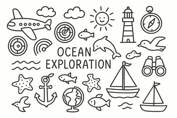 Ocean Exploration Doodles. Hand-drawn doodle illustration ocean exploration flight airplane, radar, compass, waves, dolphin, fish, lighthouse, clouds, sun,