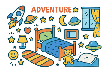 Children's Adventure Room. Colorful Hand-drawn doodle Children illustration Adventure theme room rocket, planet, star, moon, bed, pillow, blanket, teddy bear,