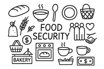 Food Security Doodle. Hand-drawn doodle illustration Food security awareness [bread loaf, soup bowl, spoon, plate, wheat stalk, people in line, bag, coin,