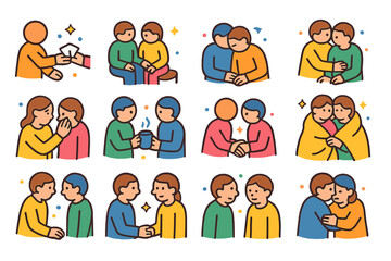 Fototapeta premium Supportive Icons Set. Colorful isometric vector icons set of quiet support moments: tissue handover, sitting together in silence, head on shoulder, back rub