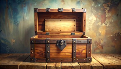 Open antique wooden chest on rustic table