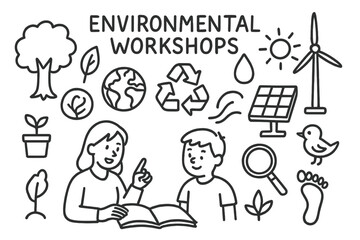 Eco Workshop Icons. Hand-drawn doodle illustration Environmental workshops [tree, leaf, globe, recycling symbol, water droplet, sun, wind turbine, solar panel,