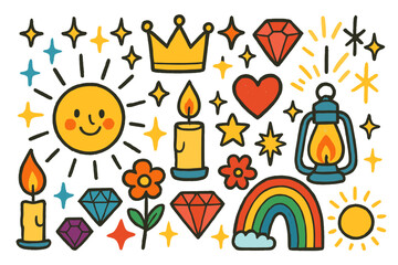 Radiant Doodle Magic. Radiance. Colorful Hand-drawn doodle Children illustration sun, golden crown, jewel, light rays, candle, star, sparkle, flower, heart,
