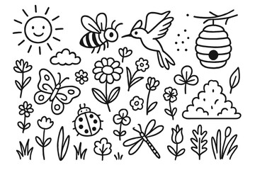 Obraz premium Pollinators in Meadow. Hand-drawn doodle illustration [Pollinators in the meadow] [bee, butterfly, hummingbird, flower, grass, leaf, sun, pollen, hive, beetle,