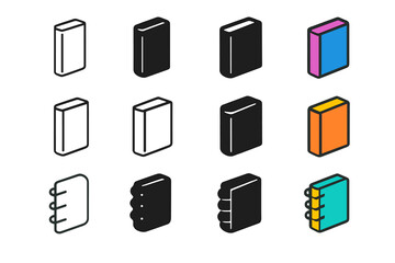 Modern Book Spine Icons. Icon Set of Modern Book Spines: Paperback spine, Hardcover spine, Spiral-bound spine. Icons set in vector style, emblematic