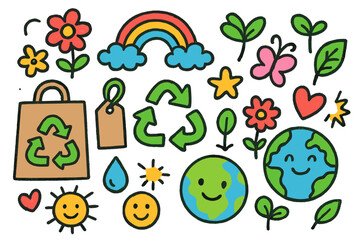 Eco-Friendly Doodle Art. Colorful Hand-drawn doodle Children illustration Eco Packaging Art [paper bag, recycling arrows, label, flower, leaf,