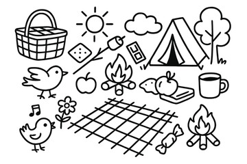 Outdoor Picnic Essentials. Hand-drawn doodle illustration Outdoor picnic with s?mores [picnic basket, marshmallow stick, chocolate bar, cracker, campfire,
