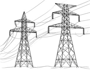 Two large, stylized power transmission towers with numerous high-voltage power lines. 