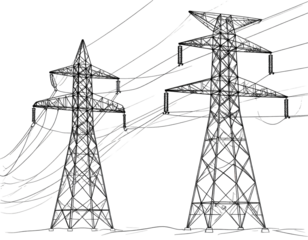 Two large, stylized power transmission towers with numerous high-voltage power lines. 