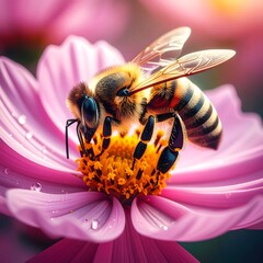 Honeybee collects nectar from a pink flower