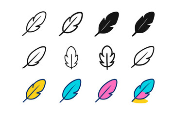Floating Feather Logo. Set Logo of Fresh Breeze: Floating feather. Logo set in vector style, emblematic variations. line, bold thick line, solid black filled,