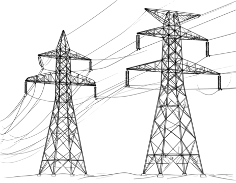 Two large, stylized power transmission towers with numerous high-voltage power lines. 