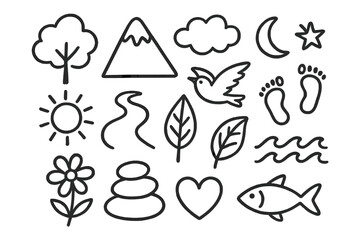 Nature Symbols Doodles. Hand-drawn doodle illustration Nature across continents [tree, mountain, river, sun, moon, star, cloud, bird, fish, leaf, footprint,