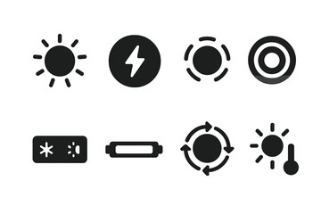 Neon Light Icons. Solid, filled icon set of neon light effects: glow, flicker, pulse, fade, strobe, flickering tube, color cycle, brightness control. Solid,