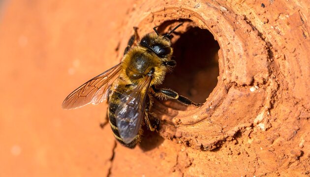 Honeybee entering terracotta hole - Powered by Adobe