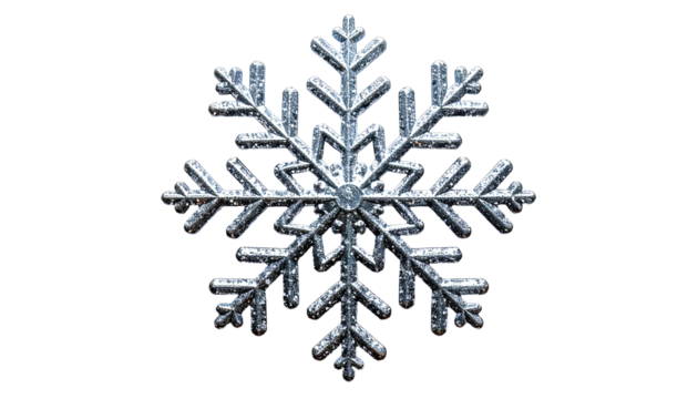 Detailed close-up of a silver snowflake against a black background.  Its intricate,  faceted structure is highly visible