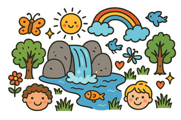 Fototapeta premium Vibrant Nature Doodle. Colorful Hand-drawn doodle Children illustration Natural Springs flowing water, rocks, trees, sun, rainbow, cloud, sparkles, flower,