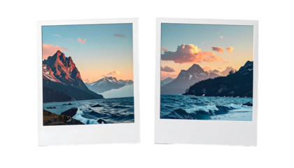 Two landscape photos, split, in polaroid style, showing a mountainous coastline at sunset. 