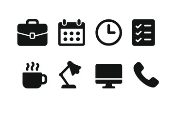 Workplace Essentials Icons. Solid, filled icon set of workplace duty: briefcase, calendar, clock, task list, coffee cup, desk lamp, computer, phone. Solid,