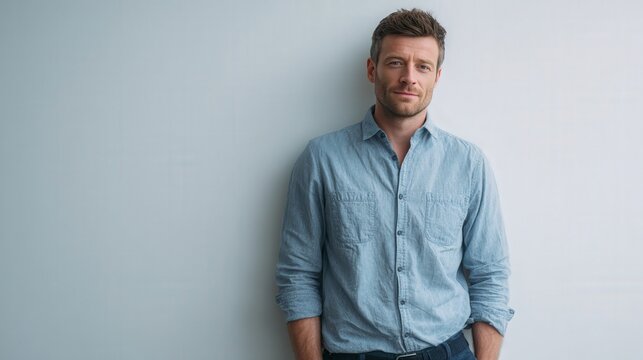 Confident Young Man in Casual Blue Shirt Posing Against a Light Wall