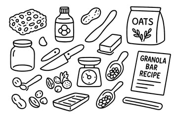 Granola Bar Essentials. Hand-drawn doodle illustration breakfast granola bar recipe granola bar, honey bottle, peanut icon, oats bag, chocolate chip, cutting