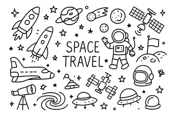 Space Exploration Doodles. Space travel. Hand-drawn doodle illustration space travel with rocket, astronaut, space shuttle, satellite, planet, moon, stars,