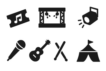 Obraz premium Music Event Icons. Solid, filled icon set of music events: concert ticket, stage, crowd, spotlight, microphone, guitar, drumsticks, festival tent. Solid,