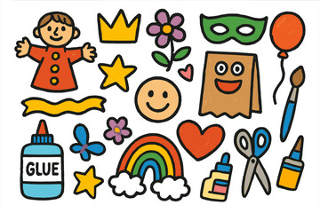 Fototapeta premium Colorful Playful Doodle Icons. Creative play. Colorful Hand-drawn doodle Children illustration puppet, crown, mask, star, flower, balloon, ribbon, smiley face,