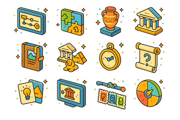 Interactive History Icons. Colorful isometric vector icons set of interactive history learning: historical timeline app, map puzzle, ancient artifact replica,