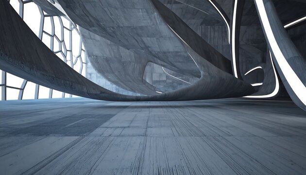 Abstract concrete structure with flowing lines and lighting