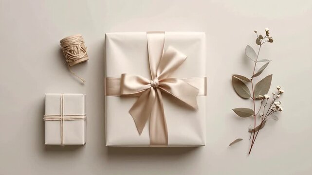 Beige Gifts Still Life Flat Lay Featuring Wrapped Boxes with Ribbon and Rustic Embellishments on a Neutral Background