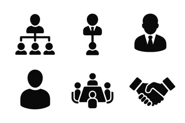 Corporate Icon Grid. Solid, filled icon set of corporate structure: organizational chart, hierarchy, CEO, manager, employee, briefcase, meeting table, business