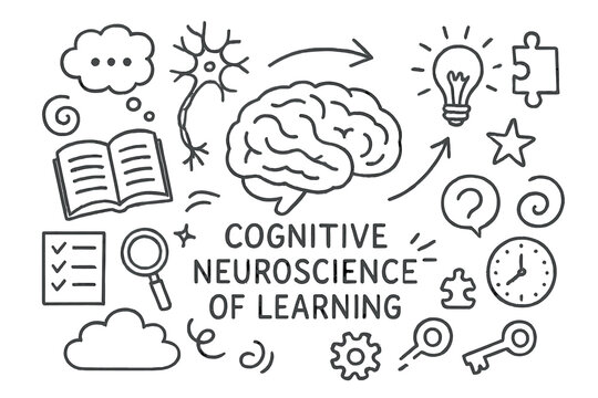 Cognitive Neuroscience Doodles. Hand-drawn doodle illustration Cognitive neuroscience of learning [brain, book, neuron, arrow, spark, puzzle piece, star,