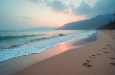 Obraz premium Gentle waves lap sandy beach at sunrise. Soft pink and grey clouds fill sky above distant mountains. Footprints mark smooth sand, suggesting peaceful morning stroll along serene coastline.