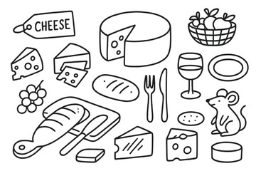 Cheese Platter Doodle. Hand-drawn doodle illustration Cheese platter cheese wedge, cheese slices, grapes, bread, cracker, knife, fork, wine glass, cheese