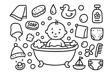 Baby Bath Doodles. Hand-drawn doodle illustration Baby Bathing [bathtub, rubber duck, soap, sponge, towel, water droplet, shampoo bottle, washcloth, bucket,