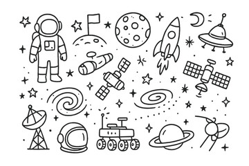Space Exploration Doodles. Hand-drawn doodle illustration [outer space exploration] astronaut, satellite, spaceship, rocket, alien planet, flag on moon, stars,