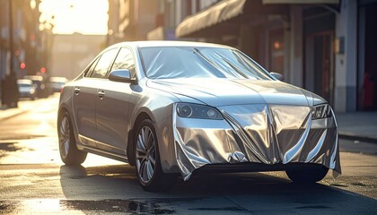 Silver Car Covered with Tarp on City Street at Sunset with Glistening Pavement