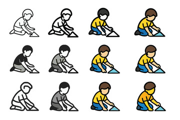 Fototapeta premium Colorful Kids Logo Grid. Set Logo of Young artists: Kid drawing with chalk outdoors. Logo set in vector style, emblematic variations. line, bold thick line,