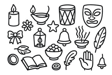 Traditional Rituals Doodle Elements. Hand-drawn doodle illustration Traditional rituals candle, diya lamp, drum, mask, flower, star, food bowl, incense,